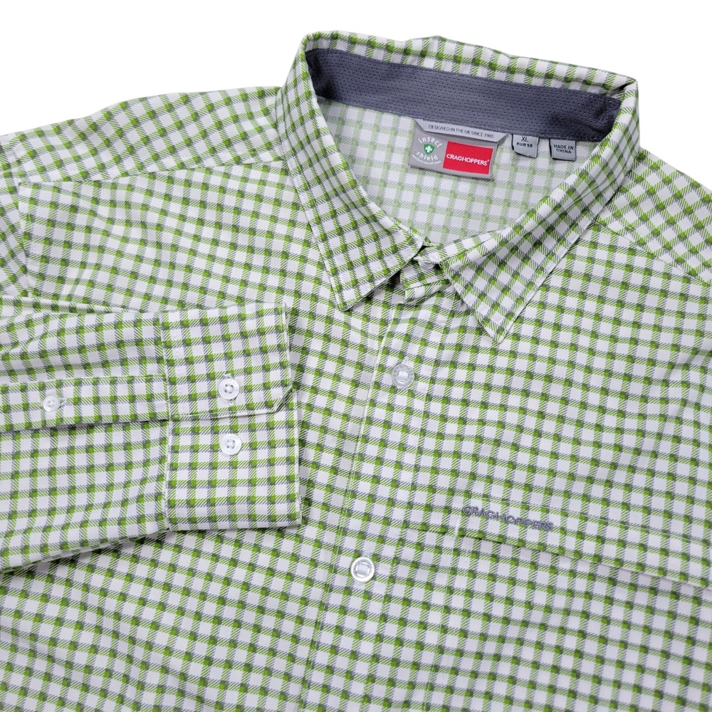 Craghoppers Button Up Shirt Mens XL Green Gingham Insect Shield Hiking Roll Tab